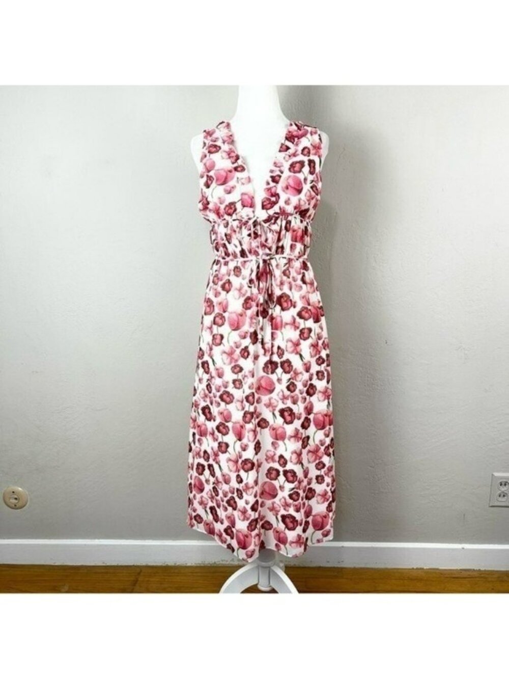 Sipos Strawberry Floral Chiffon Tie Front‎ Pink White Midi Dress Size Small